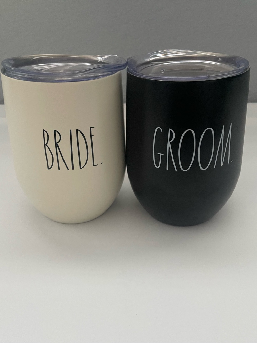 Rae Dunn Bride and Groom Stainless Steel Wine Tumblers - Ivory & Black